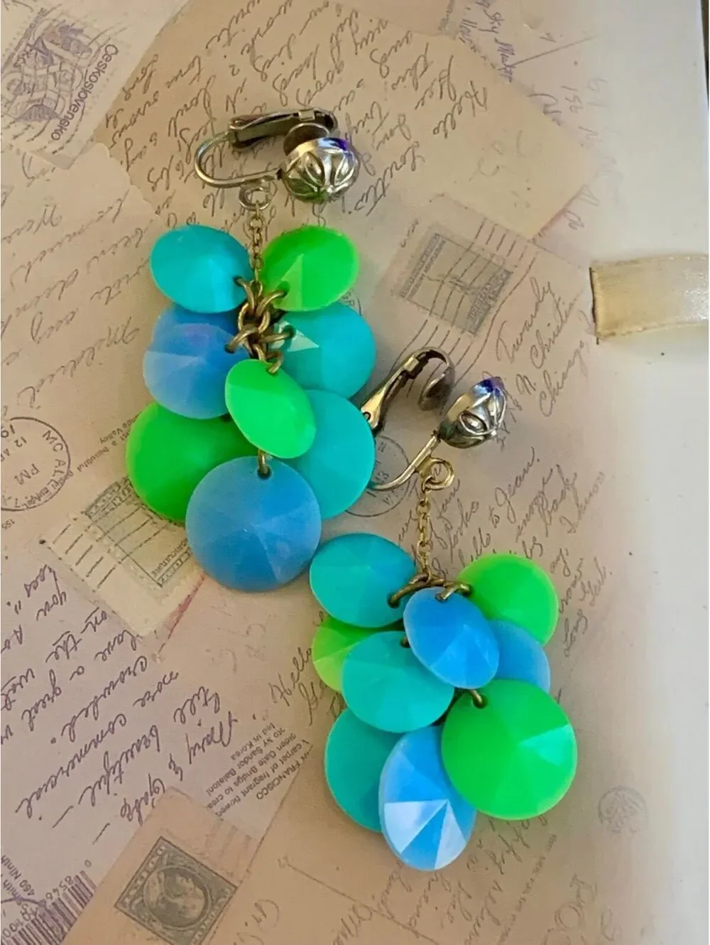 Vintage Lucite Funky Cha-Cha Blue & Green Clip-On Disc Earrings - Bold & Playful
